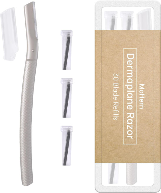 Dermaplane Razor for Face Professional, Facial Razors for Women Face with 30 Blade Refills, Eyebrow Razor for Women and Men, Siver